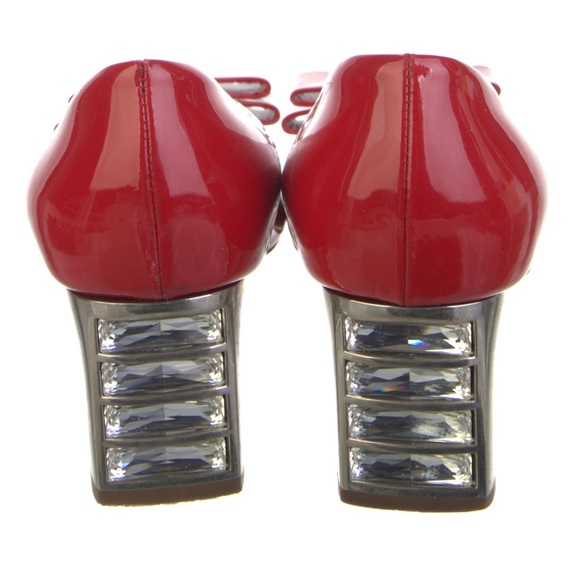 Miu Miu Prada Red Patent Leather Pip Toe Swarovski Crystals Block Heels Pumps - Picture 3 of 7